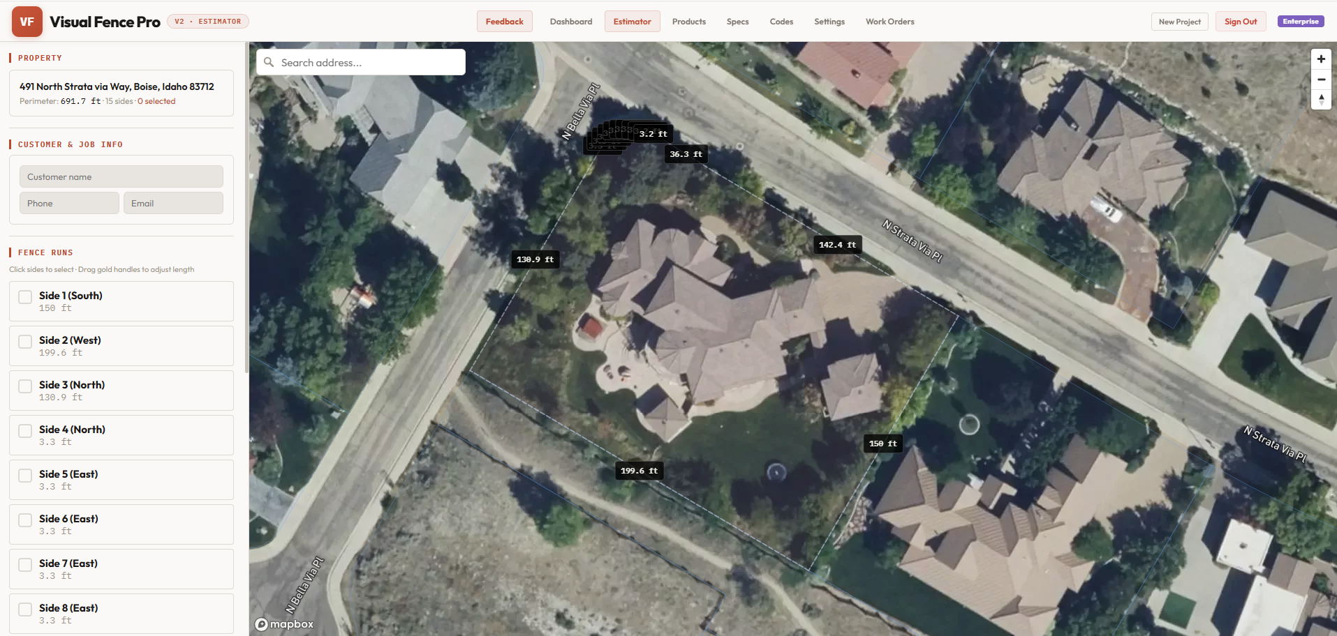 Visual Fence Pro estimator showing satellite map with parcel boundaries and fence runs